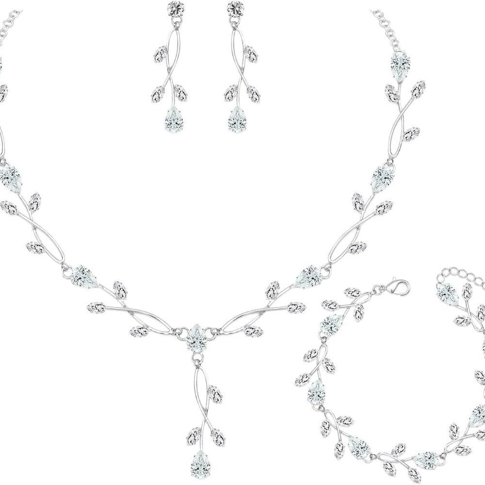 Bridal Jewelry Set Silver Cubic Zirconia Necklace Earrings Bracelet Wedding